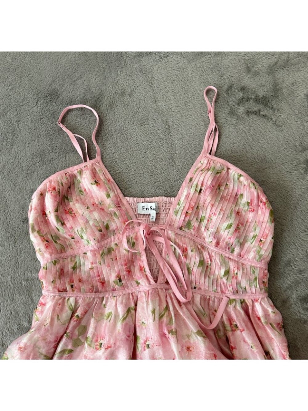 En Saison Pink Romantic Pleated Tie Front Midi Dress Women's SMALL Fairy Floral - Picture 3 of 7